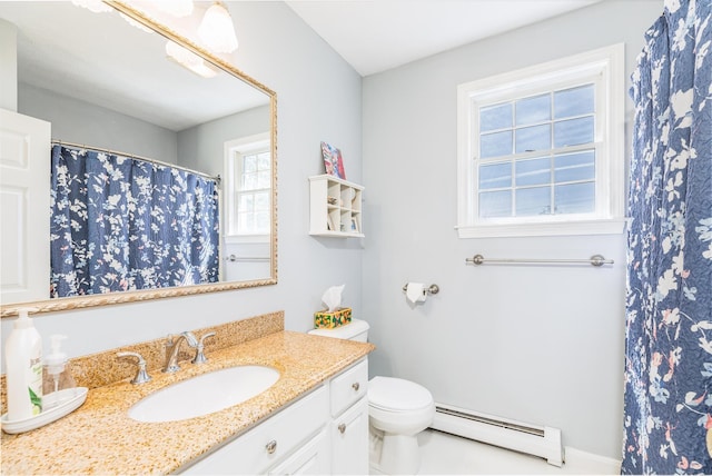 full bathroom with vanity, toilet, curtained shower, and a baseboard radiator