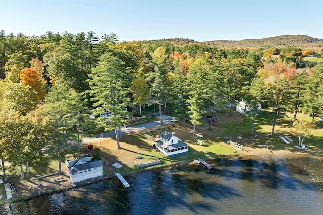 birds eye view of property with a water view and a forest view
