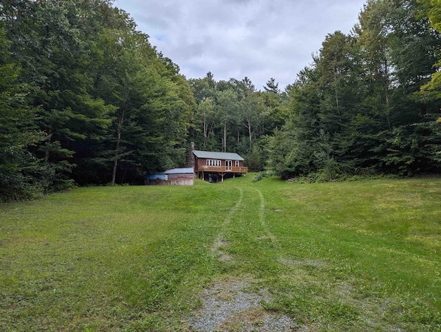 view of yard featuring a forest view