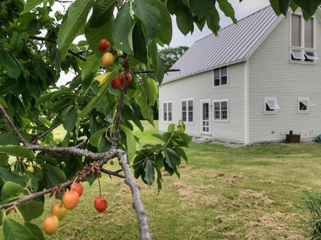 rear view of property featuring a lawn, a standing seam roof, and metal roof
