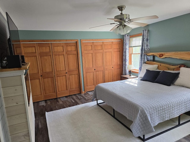 bedroom with a ceiling fan, multiple closets, and wood finished floors