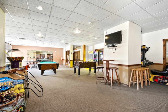 playroom featuring pool table, carpet flooring, and a drop ceiling