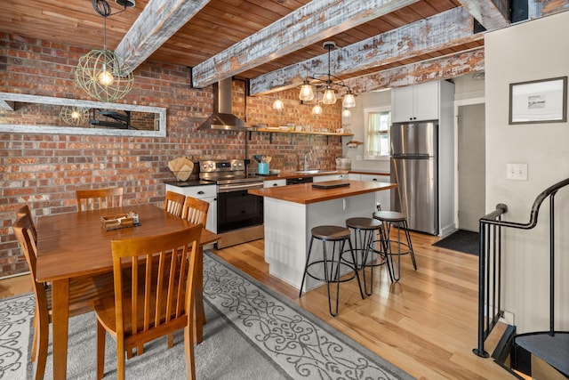 kitchen featuring wall chimney range hood, wood ceiling, appliances with stainless steel finishes, light wood-type flooring, and wood counters