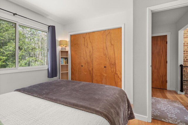 bedroom with baseboards, wood finished floors, and a closet