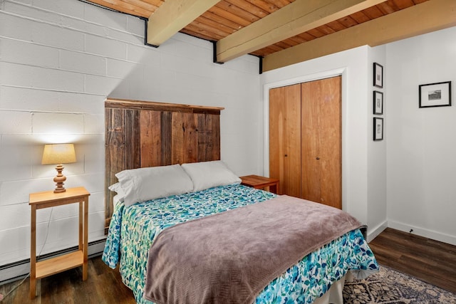 bedroom featuring beam ceiling, wood finished floors, wooden ceiling, a baseboard radiator, and baseboards