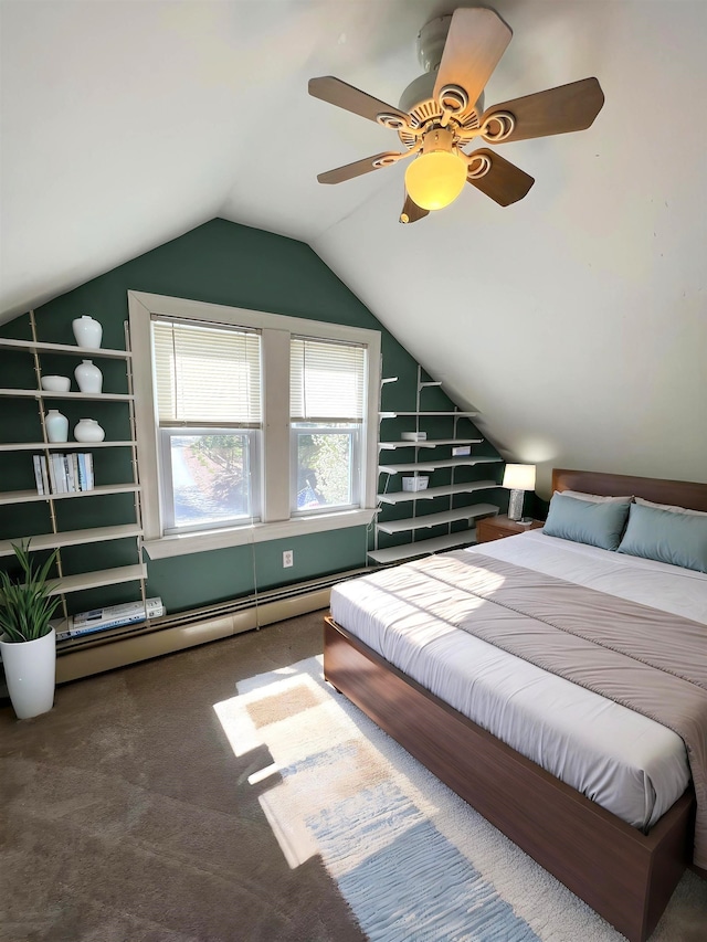 carpeted bedroom featuring a baseboard radiator, ceiling fan, and lofted ceiling