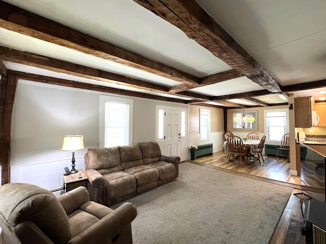 living area with beamed ceiling, baseboard heating, radiator, and dark wood-type flooring
