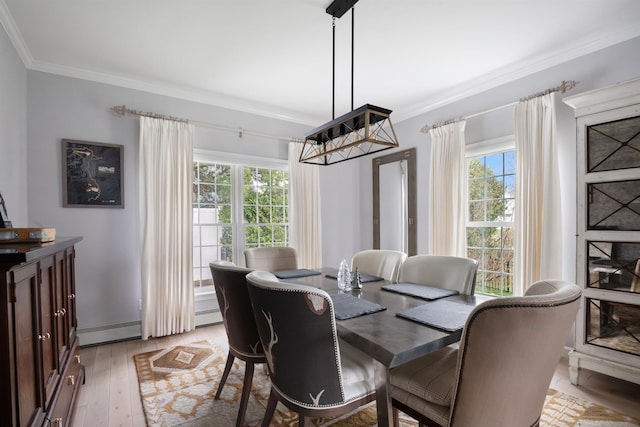 dining space with crown molding, baseboards, light wood-style floors, and baseboard heating