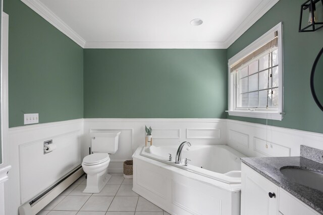 bathroom featuring crown molding, a baseboard heating unit, and a wainscoted wall