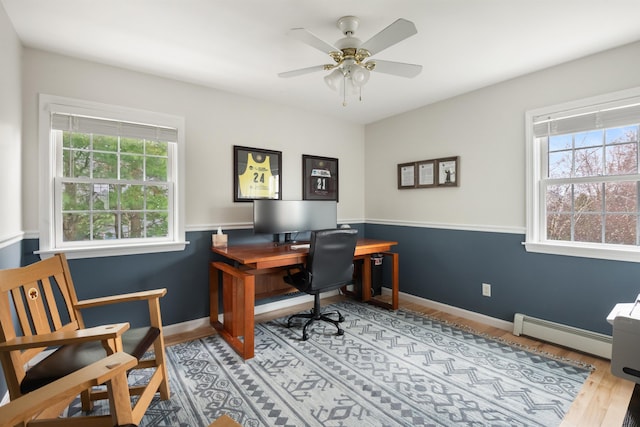 office space with baseboards, light wood-style flooring, ceiling fan, and a baseboard heating unit