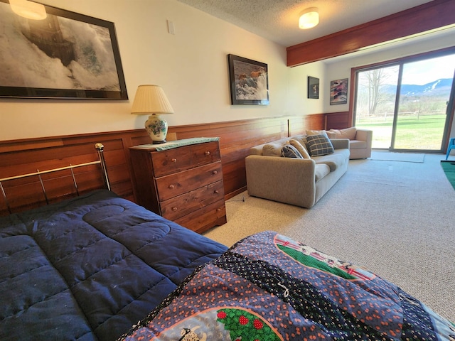 carpeted bedroom with a textured ceiling, wainscoting, and access to exterior