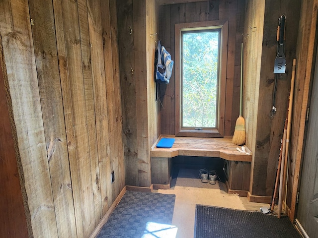 mudroom with baseboards, plenty of natural light, and wood walls