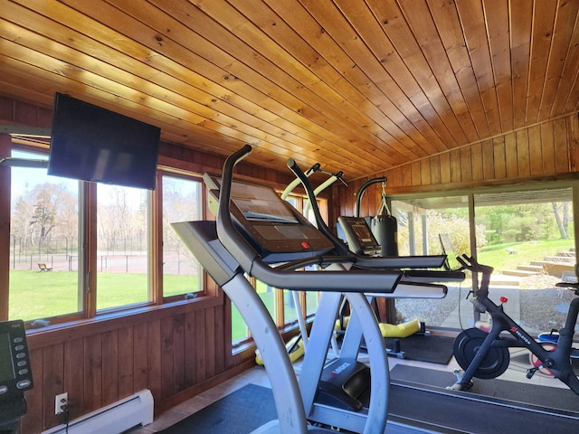 exercise area with wooden walls, plenty of natural light, and a baseboard radiator