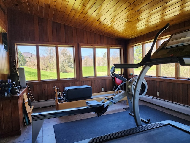 workout area featuring wooden walls, lofted ceiling, and a baseboard radiator