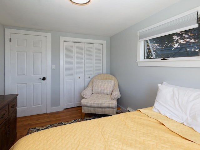 bedroom featuring wood finished floors and a closet