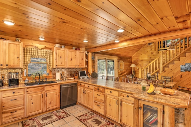 kitchen with light brown cabinets, dishwasher, wood ceiling, a sink, and backsplash