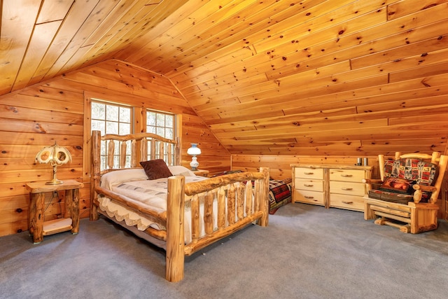 bedroom featuring wood walls, wood ceiling, and vaulted ceiling