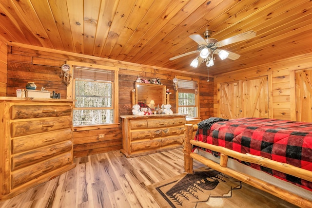 bedroom with wood walls, multiple windows, wood ceiling, and wood finished floors