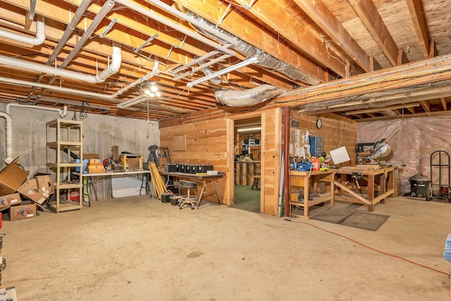 unfinished below grade area featuring a workshop area