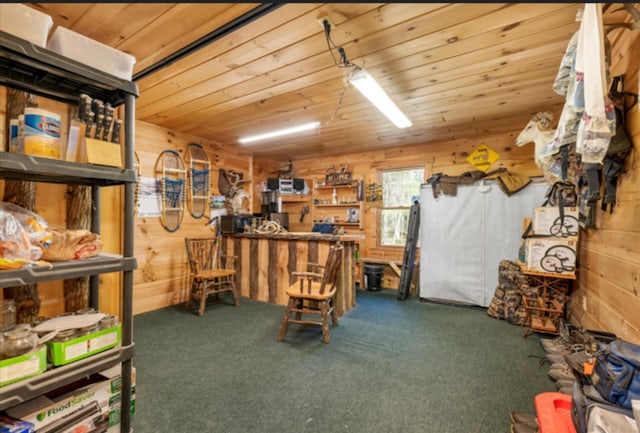 living area with wooden walls, wood ceiling, and carpet flooring