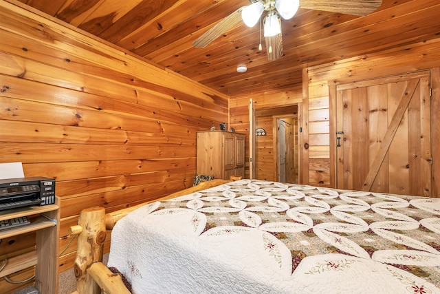 bedroom with wood walls and wooden ceiling