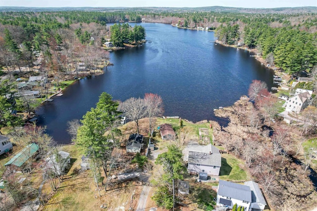 aerial view featuring a water view and a wooded view