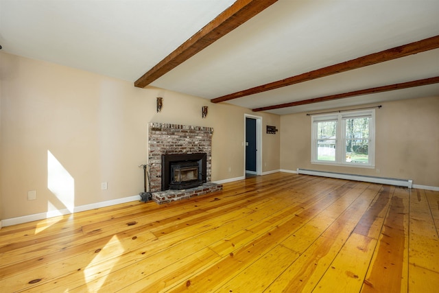 unfurnished living room with beam ceiling, a brick fireplace, baseboards, a baseboard heating unit, and hardwood / wood-style flooring