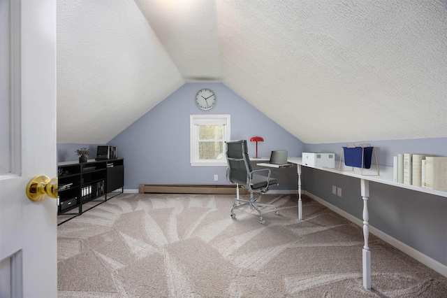 carpeted home office featuring baseboard heating, a textured ceiling, baseboards, and lofted ceiling