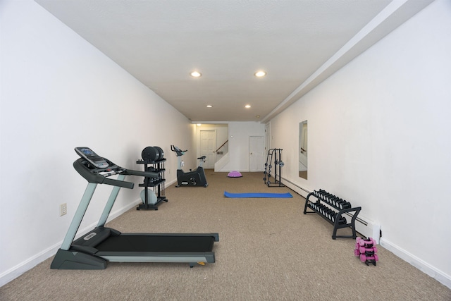 workout area with recessed lighting, baseboards, and carpet