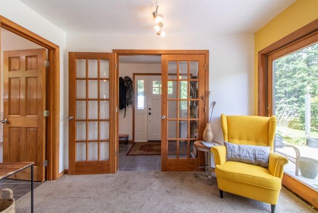 living area featuring tile patterned flooring, french doors, and carpet