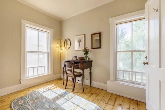 doorway to outside featuring baseboards and hardwood / wood-style floors