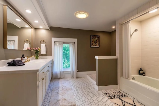 bathroom with recessed lighting, shower / tub combo, and vanity