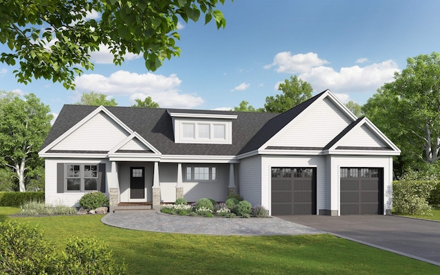 view of front of home featuring an attached garage, driveway, a shingled roof, and a front yard