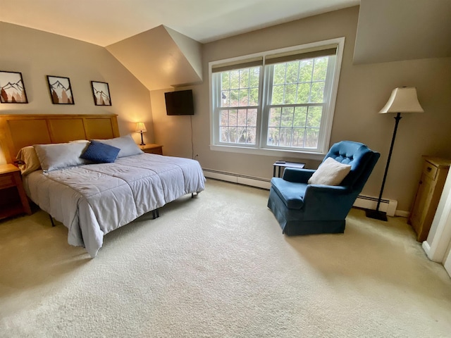 carpeted bedroom featuring baseboards and a baseboard heating unit