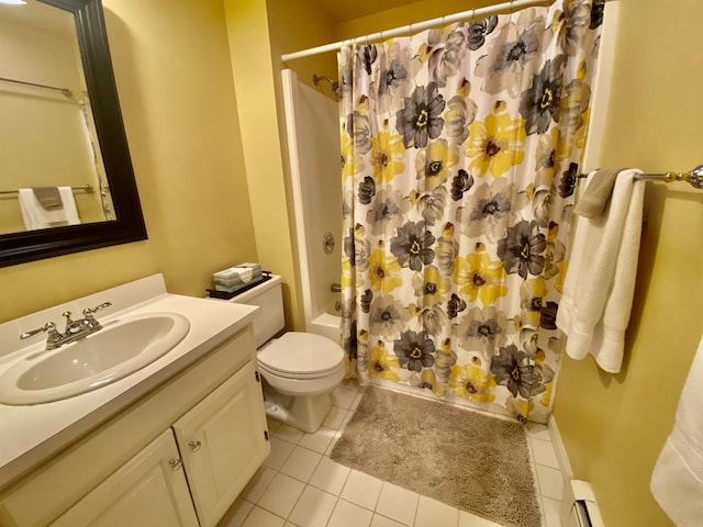full bath featuring vanity, toilet, tile patterned floors, and shower / tub combo with curtain