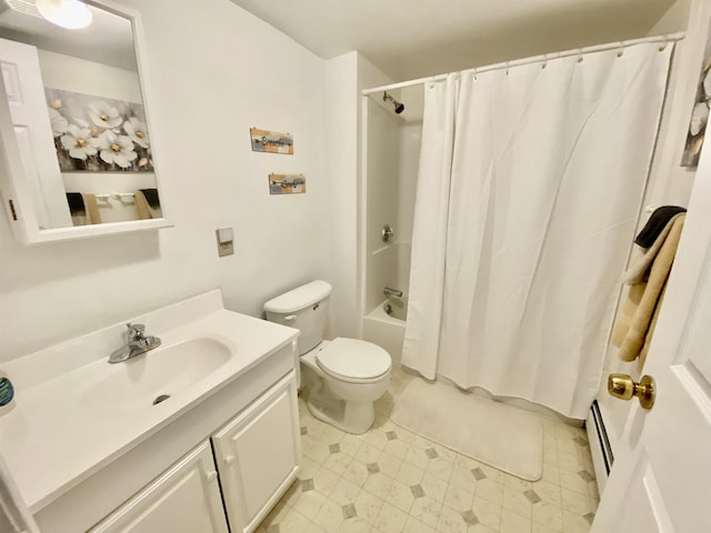 full bath with toilet, baseboard heating, shower / bath combo, and vanity