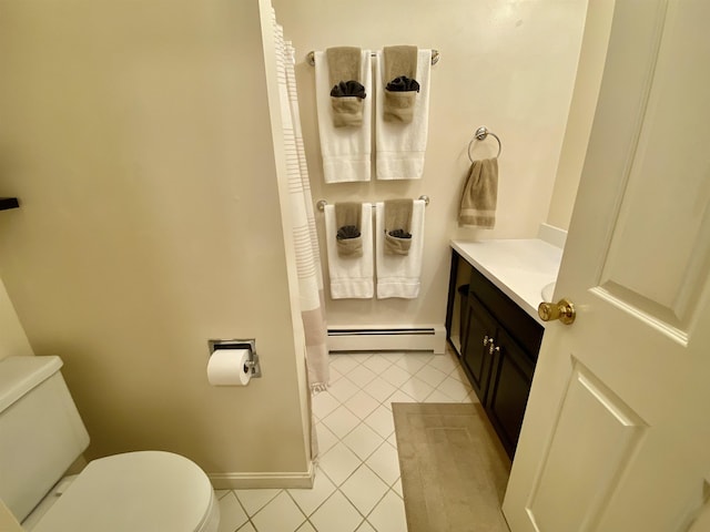 bathroom featuring baseboards, tile patterned flooring, a baseboard heating unit, and toilet
