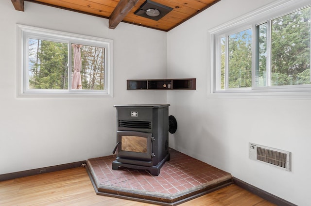 room details featuring visible vents, a wood stove, wood finished floors, wooden ceiling, and beamed ceiling
