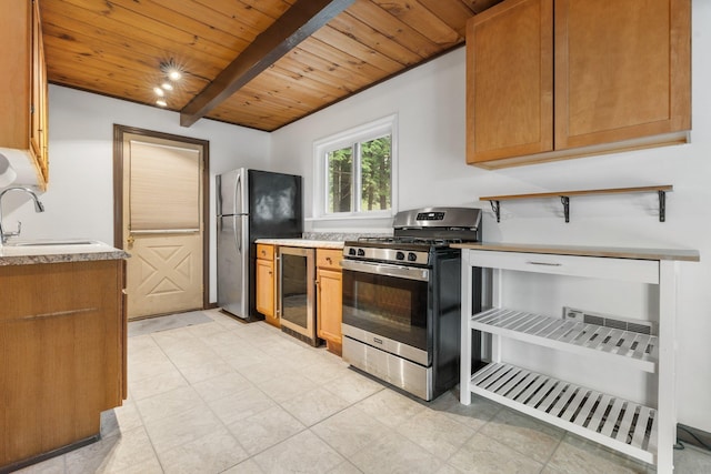 kitchen with appliances with stainless steel finishes, a sink, wooden ceiling, light countertops, and beverage cooler
