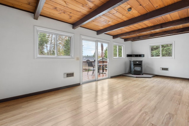 living room featuring a wood stove, beam ceiling, visible vents, and light wood finished floors