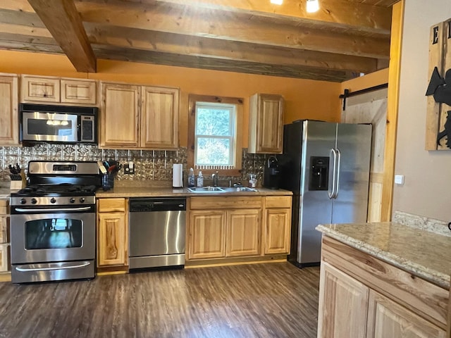 kitchen with backsplash, a sink, beamed ceiling, dark wood-style floors, and stainless steel appliances