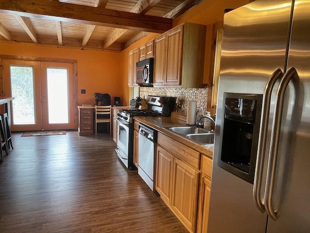 kitchen featuring a sink, stainless steel appliances, beamed ceiling, dark wood-style floors, and wood ceiling