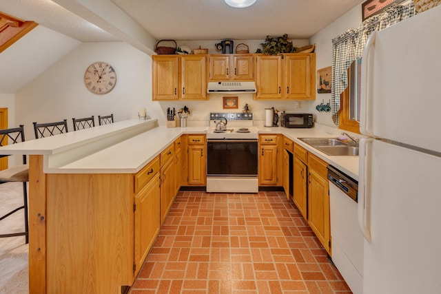 16 Riverfront Dr Unit 292, Woodstock, NH 03262 - kitchen featuring a sink, ventilation hood, white appliances, brick patterned floor, and a peninsula