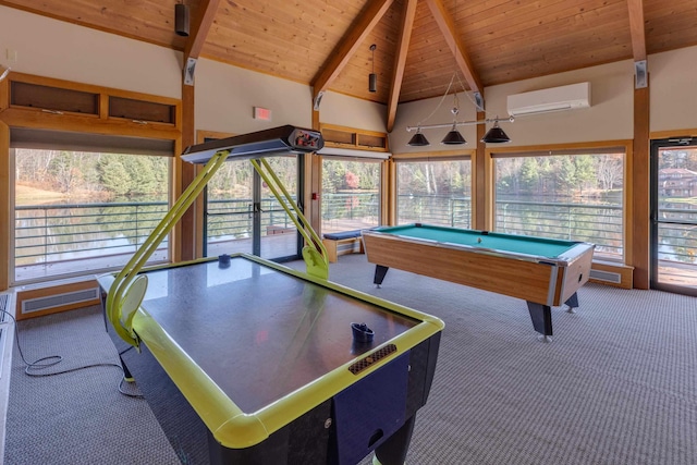 16 Riverfront Dr Unit 292, Woodstock, NH 03262 - game room with wood ceiling, carpet, billiards, and a wall unit AC