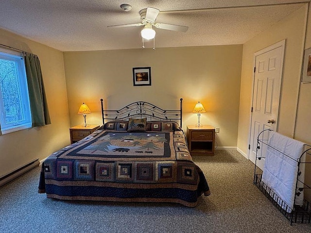 bedroom with carpet flooring, a textured ceiling, ceiling fan, and a baseboard radiator
