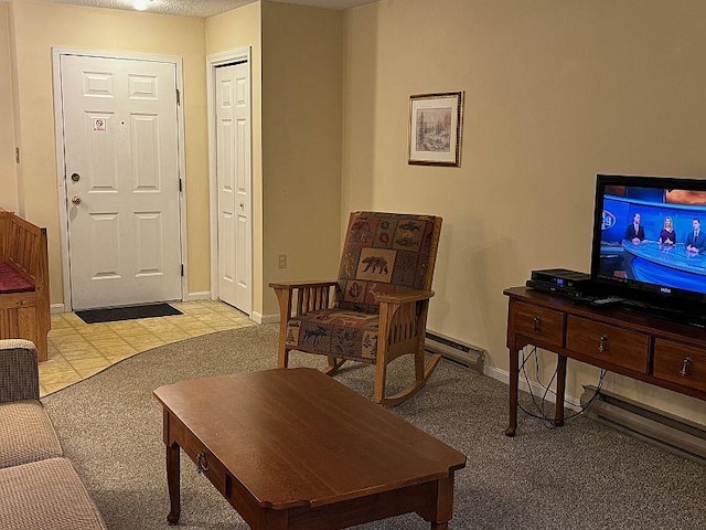 living room featuring baseboards and light colored carpet