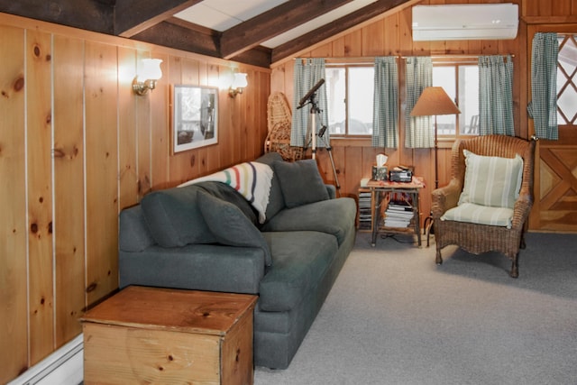 146 Dundee Rd, Bartlett, NH 03845 - living area with a wall unit AC, baseboard heating, wood walls, lofted ceiling with beams, and carpet flooring