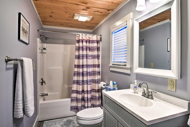 bathroom featuring crown molding, vanity, toilet, shower / bathtub combination with curtain, and wood ceiling