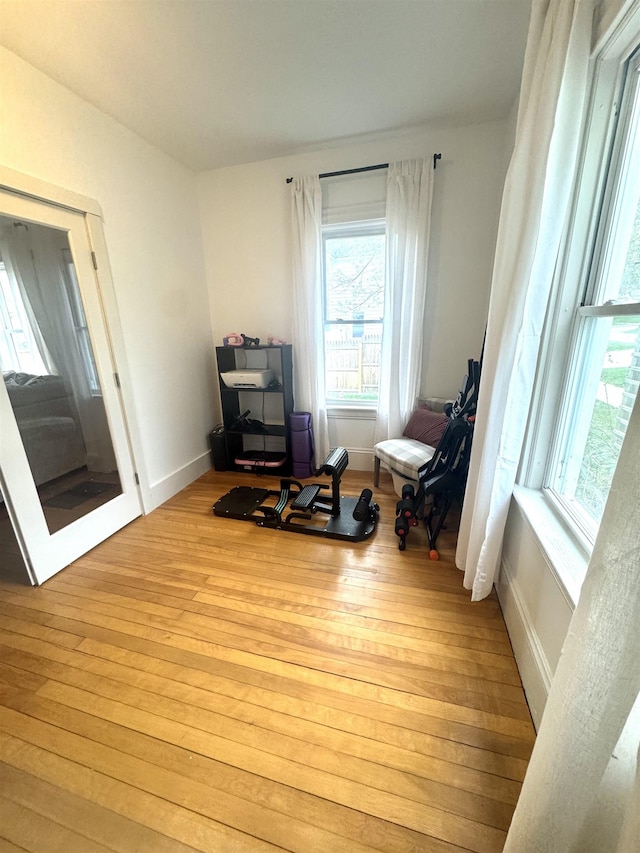 miscellaneous room featuring baseboards, a healthy amount of sunlight, and wood finished floors