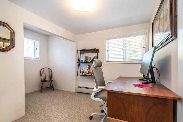 carpeted office featuring a baseboard radiator